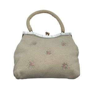 Vintage‎ White Beaded Seed Pearl Pink Floral Purse Kiss Lock & Lucite Trim Top